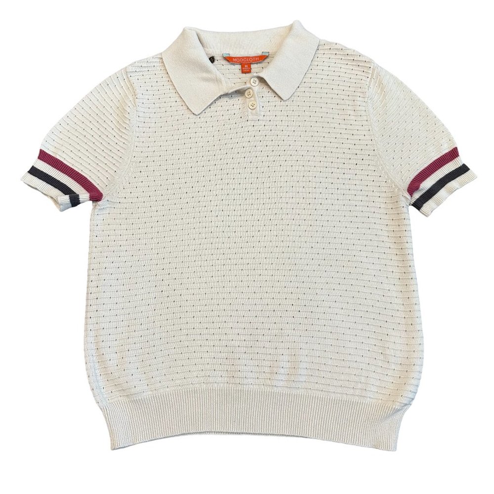 Modcloth Ivory Perforated Knit Polo Shirt Short Sleeve Size Medium Women's